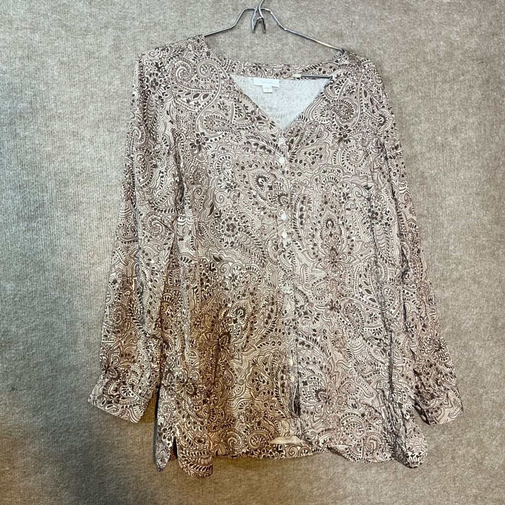 Pure Jill Button Up Top Women XS Brown Paisley Ecovero Viscose Boho